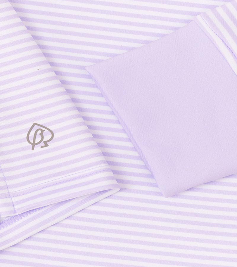 Birdie & Ace All Day Womens Long Sleeve Golf Polo in Lilac Mini Stripes - close up detail of logo and shirt's cuff