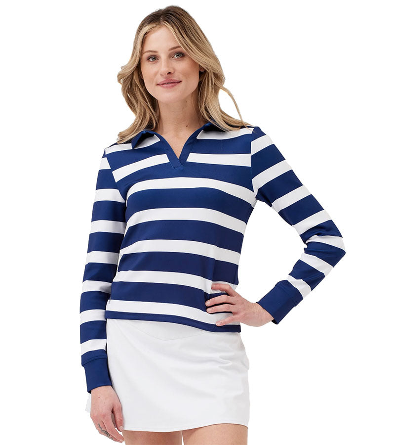 Birdie & Ace All Day Womens Long Sleeve Golf Polo in Navy Stripe-partial model front view