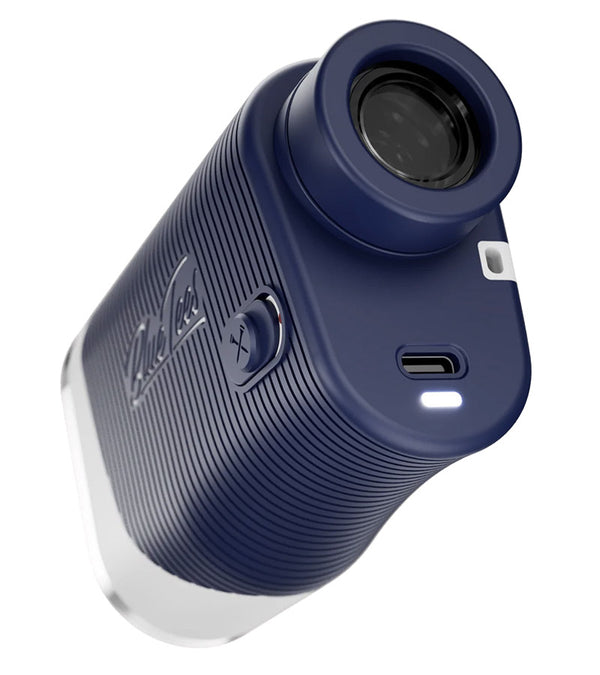 A Blue/Gray Blue Tees Series 3 Max+ Laser Rangefinder with a cylindrical body and a display screen. View front