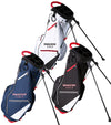 Bridgestone Lightweight Golf Stand Bag with legs extended in 3 colorways:  black, navy and white  with red. black and white detail accents.