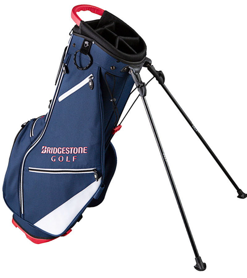 Bridgestone Lightweight Golf Stand Bag with legs extended in navy with red and white detailing accents.