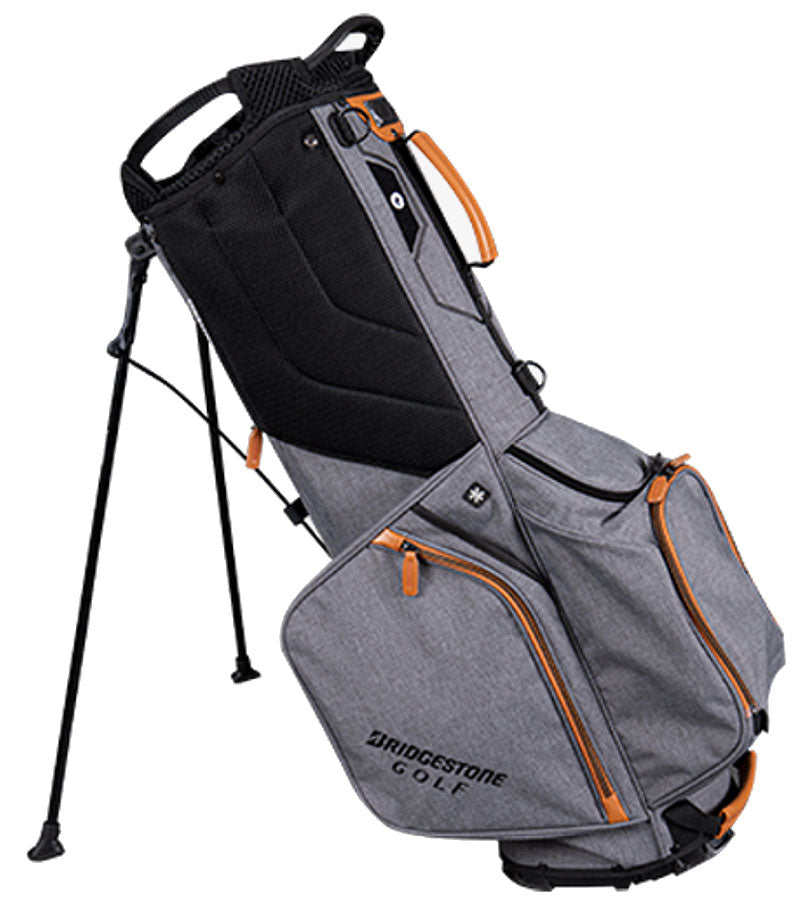 Bridgestone Premium Stand Golf Bag legs extended side 2 in Heather Gray with black and orange detailing 