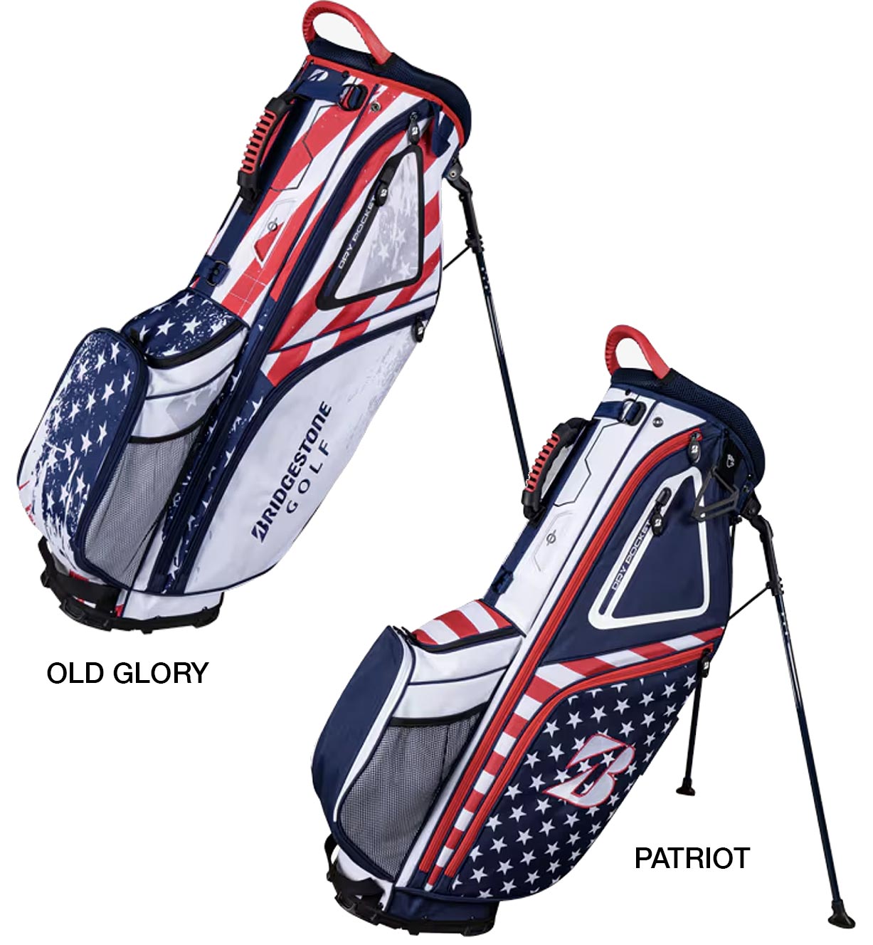 Bridgestone Liberty Collection Golf Stand Bag with 2 bags legs extended in Old Glory and Patriot.
