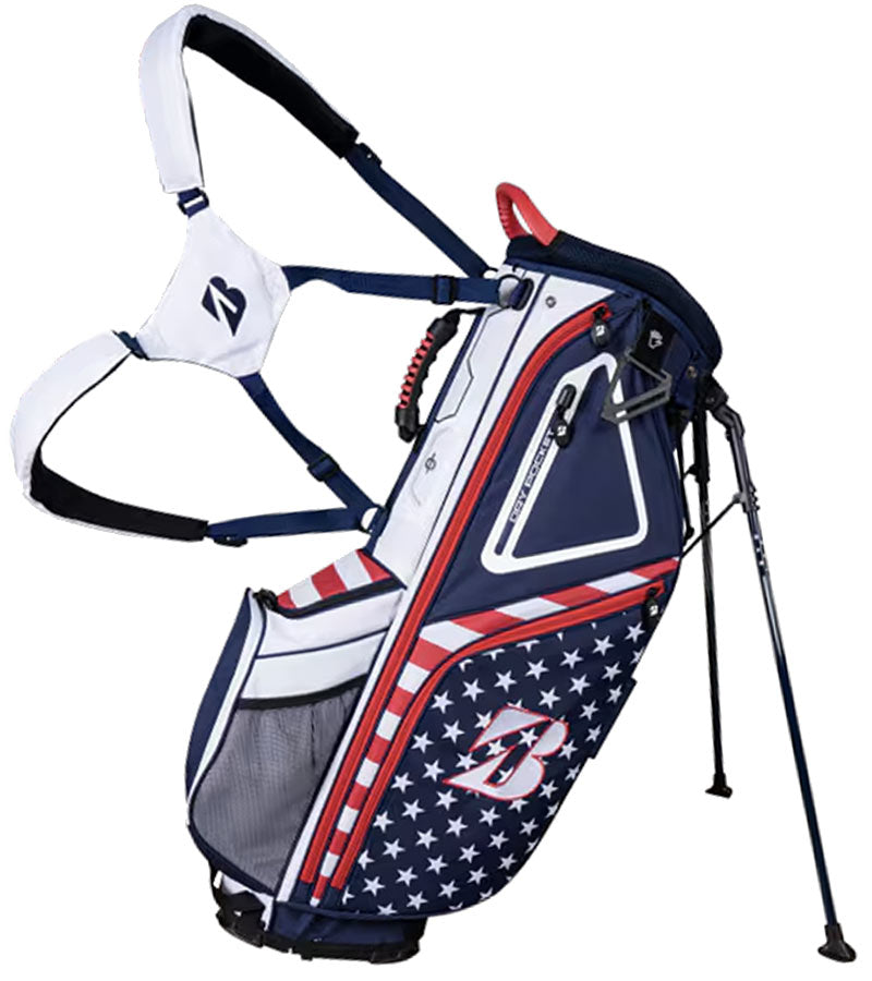 Bridgestone Liberty Collection Golf Stand Bag legs extended with carrying harness in the Patriot design with red, white and navy stripes & stars.