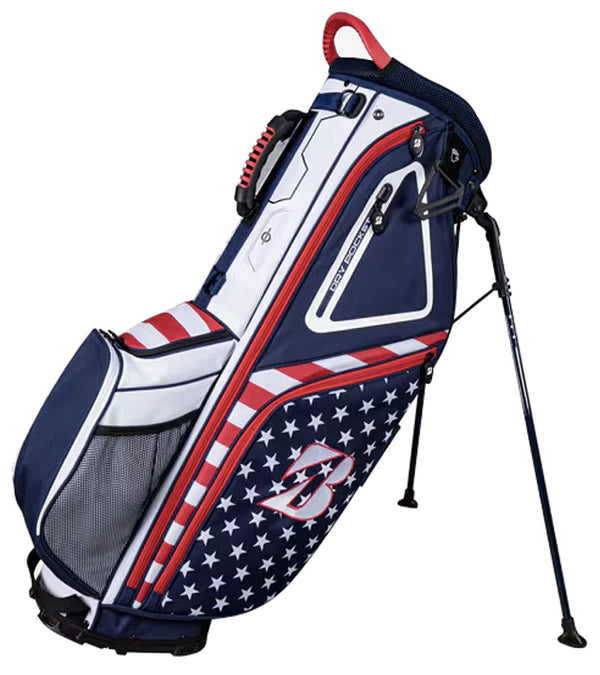 Bridgestone Liberty Collection Golf Stand Bag legs extended in the Patriot design with red, white and navy stripes & stars.