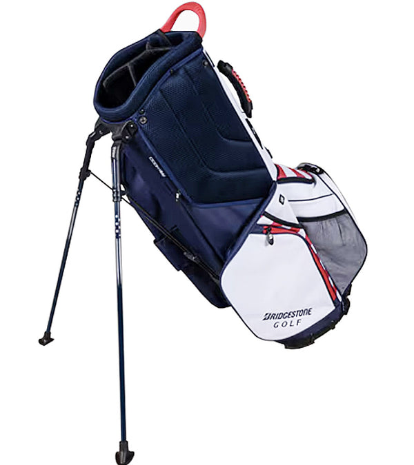 Bridgestone Liberty Collection Golf Stand Bag legs extended in the Old Glory patriotic design with red, white and navy stripes & stars - veiw 2 with 4 way top divider for clubs.