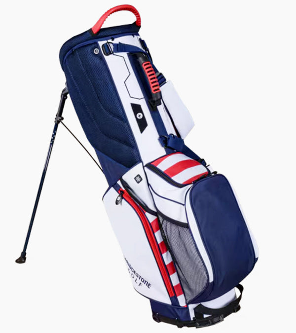 Bridgestone Liberty Collection Golf Stand Bag legs extended in the Patriot design with red, white and navy stripes & stars - view 2 