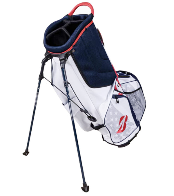 Bridgestone Liberty Collection Golf Stand Bag legs extended in the Patriot design with red, white and navy stripes & stars - view 2 with 4-way top divider for clubs.