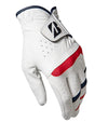 Bridgestone Mens Soft Grip Golf Glove Regular in white red and black accent details on top of left-hand glove.