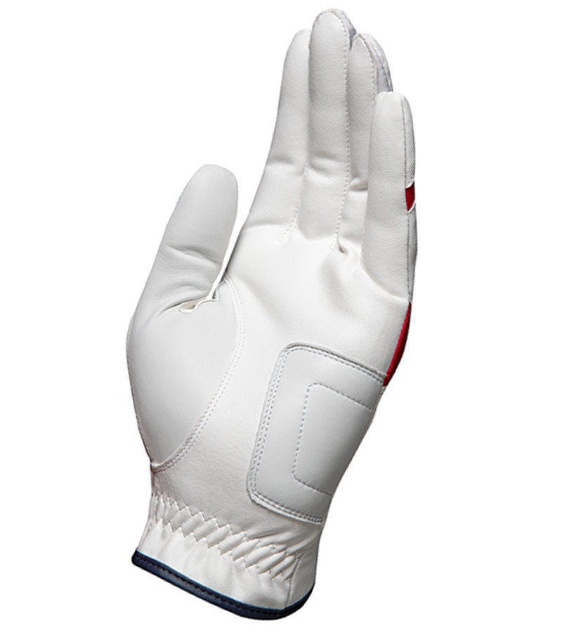 Bridgestone Mens Soft Grip Golf Glove Regular in white red and black accent details on palm of left hand glove.