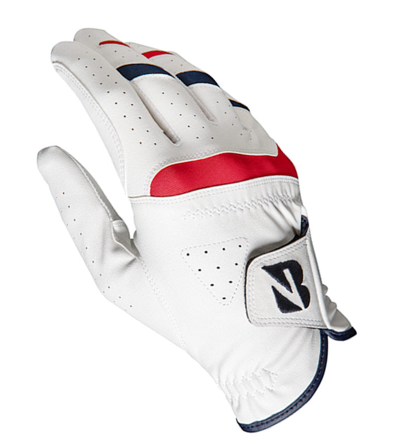 Bridgestone Mens Soft Grip Golf Glove Regular in white red and black accent details on top of right-hand glove.