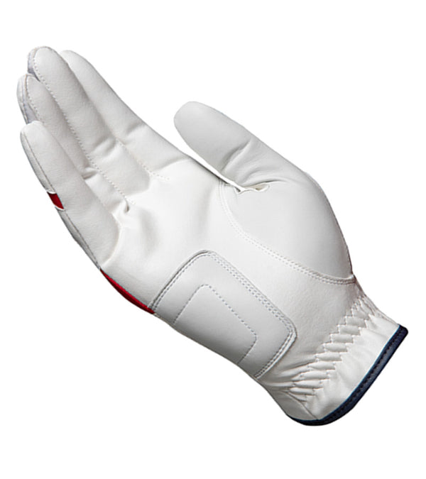 Bridgestone Mens Soft Grip Golf Glove Regular in white red and black accent details on palm of right hand glove.