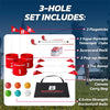 BucketGolf Pro Bundle 3 Hole Game with 2 Plastic Telescopic Clubs poster with all components with golfer in the background.