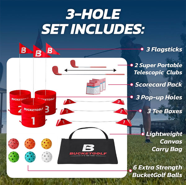 BucketGolf Pro Bundle 3 Hole Game with 2 Plastic Telescopic Clubs poster with all components with golfer in the background.