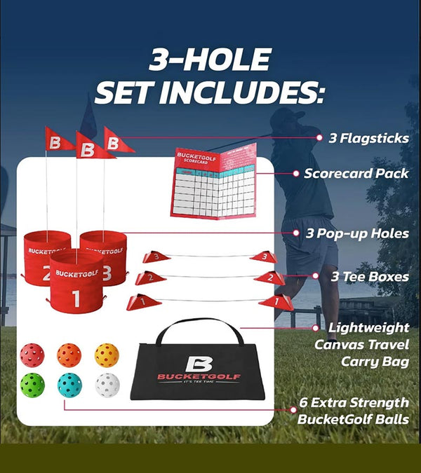 BucketGolf 3 Hole starter set poster with all components with a golfer in the background.