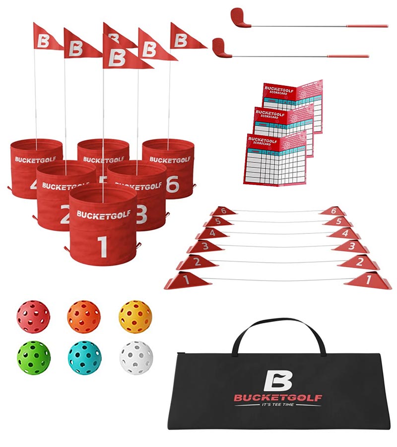 BucketGolf Bundle 6 Hole Set golf game with all components- 2 right handed clubs