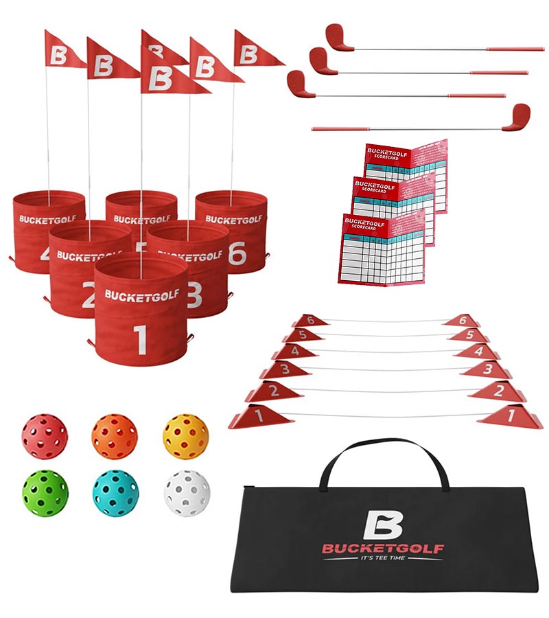 BucketGolf Bundle 6 Hole Set golf game with all components- 3 right handed - 1 left handed clubs