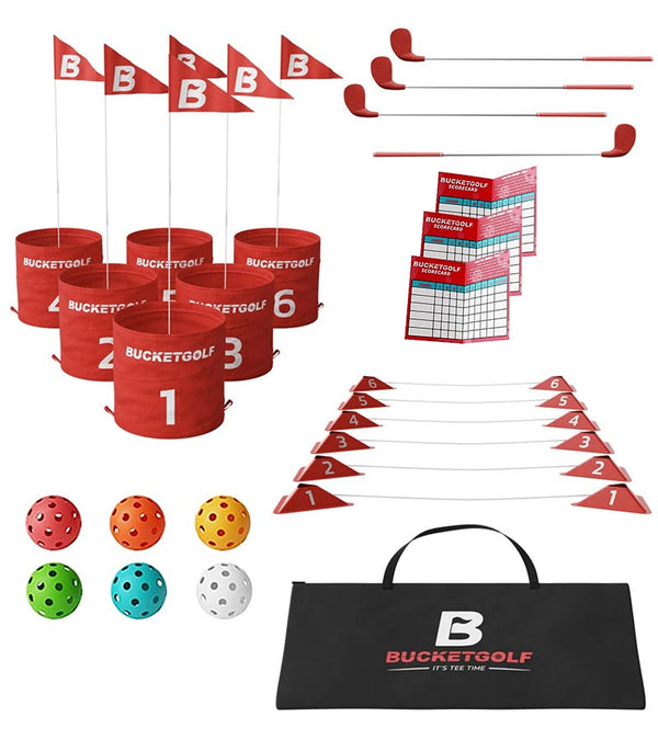 BucketGolf Bundle 6 Hole Set golf game with all components- 3 right handed - 1 left handed clubs