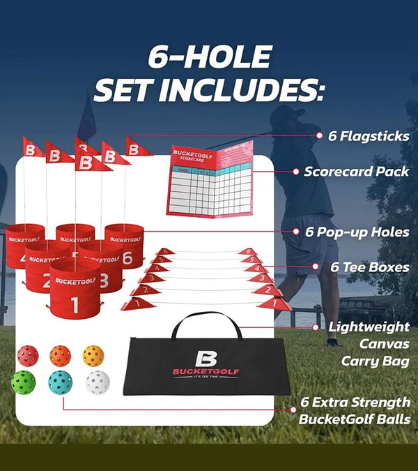 BucketGolf 6 Hole Set golf game poster with all components with golfer in the background.