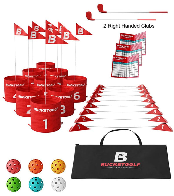 BucketGolf Bundle 9 Hole Set golf game with all components- 2 right handed clubs