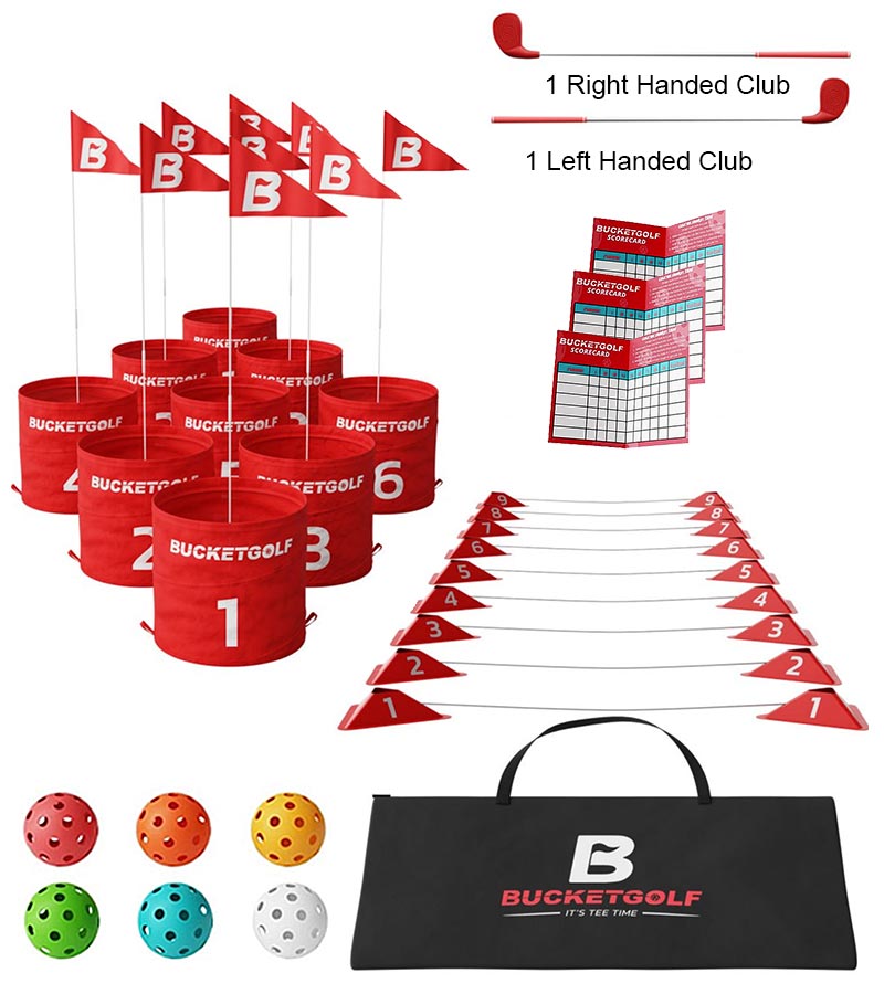 BucketGolf Bundle 9 Hole Set golf game with all components- 1 right handed - 1 left handed club