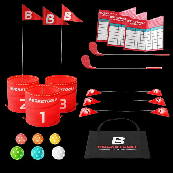 BucketGolf Glow 3-Hole Golf Game Set with 2 right hand plastic golf clubs, along with 3 LED Pop Up Holes, 3 Flagsticks, 3 LED Tee Boxes, 6 LED Balls, Carry Bag, 3 Scorecards