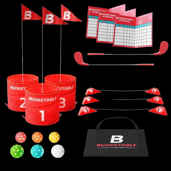 BucketGolf Glow 3-Hole Golf Game Set with 1 right hand and 1 left hand plastic golf clubs, along with 3 LED Pop Up Holes, 3 Flagsticks, 3 LED Tee Boxes, 6 LED Balls, Carry Bag, 3 Scorecards
