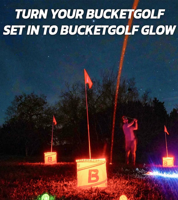 A person at night playing  a BucketGolf   golf game lit up with the BucketGolf GLOW LED Add-On Kit 