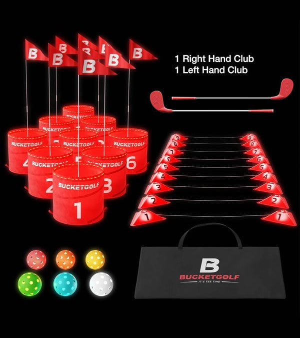 BucketGolf Glow Pro Bundle 9 Hole Golf Game Set with 1 right hand and 1 left hand plastic clubs. 6 colorful LED golf balls.