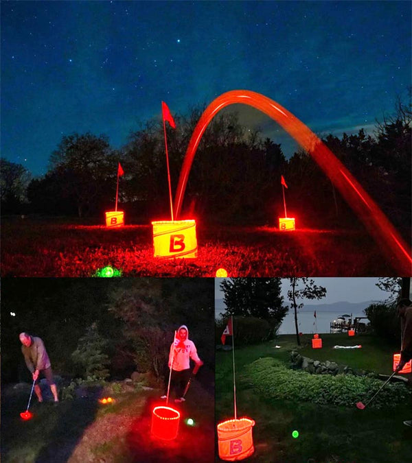 3 Night views of people playing the BucketGolf Glow Pro 9 Hole Golf Game .