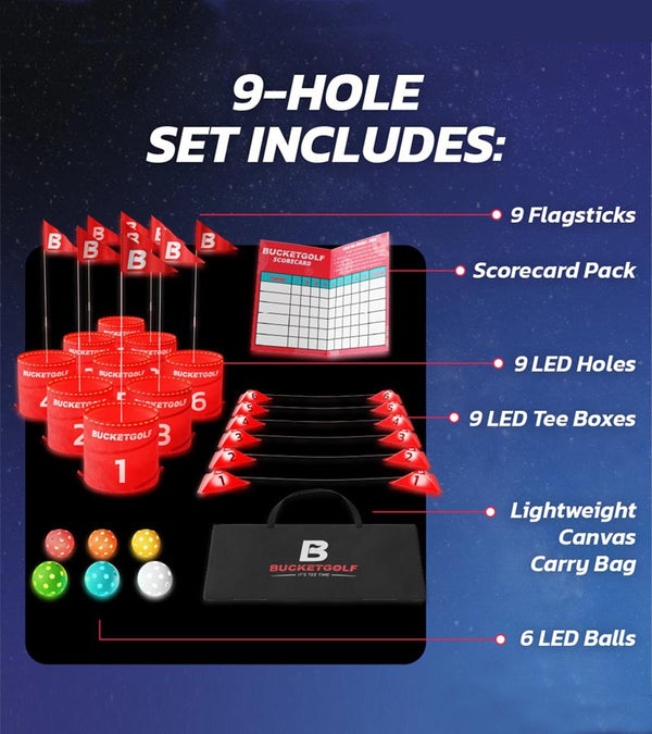 Illustration  of what The BucketGolf Glow Pro 9 Hole Golf Game  includes.