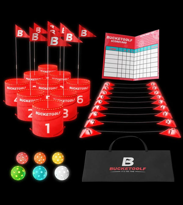 The BucketGolf Glow Pro 9 Hole Golf Game  which includes: 9 LED Pop Up Holes, 9 Flagsticks, 9 LED Tee Boxes, 6 LED Balls, Carry Bag and 3 Scorecards