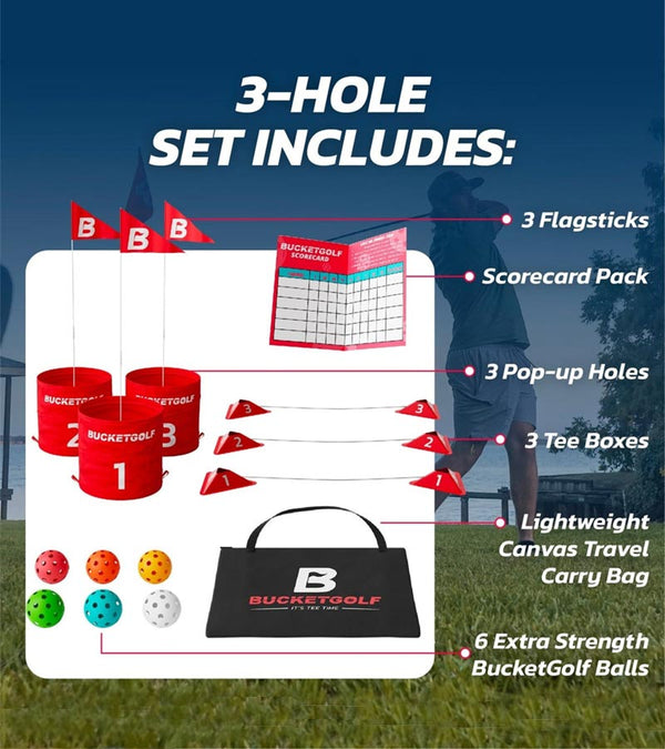 The BucketGolf Glow Starter 3 Hole Golf Game, Set includes 3 LED Pop Up Holes, 3 Flagsticks, 3 LED Tee Boxes, 6 LED Balls, Carry Bag and 3 Scorecards in the background is a golfer