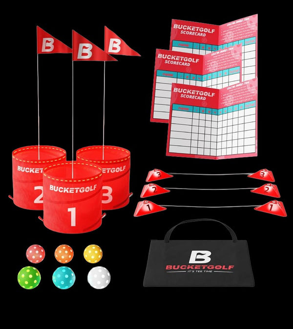The BucketGolf Glow Starter 3 Hole Golf Game, Set includes 3 LED Pop Up Holes, 3 Flagsticks, 3 LED Tee Boxes, 6 LED Balls, Carry Bag and 3 Scorecards