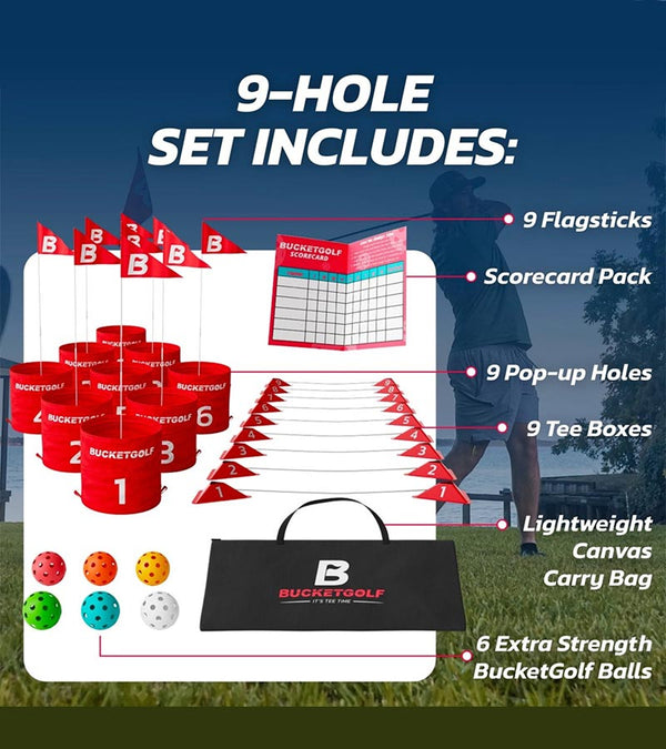 BucketGolf 9 Hole Set golf game poster with all components with golfer in the background.