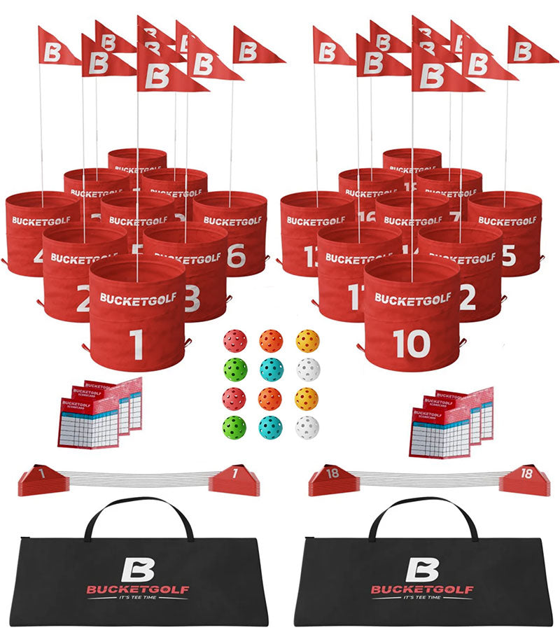 BucketGolf Tour 18 Hole Golf Game Set- showing all components.