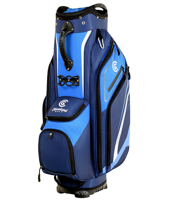 Cleveland Golf Lightweight Cart Bag 3/4 view in Blue/Navy with black & white accents and detailing