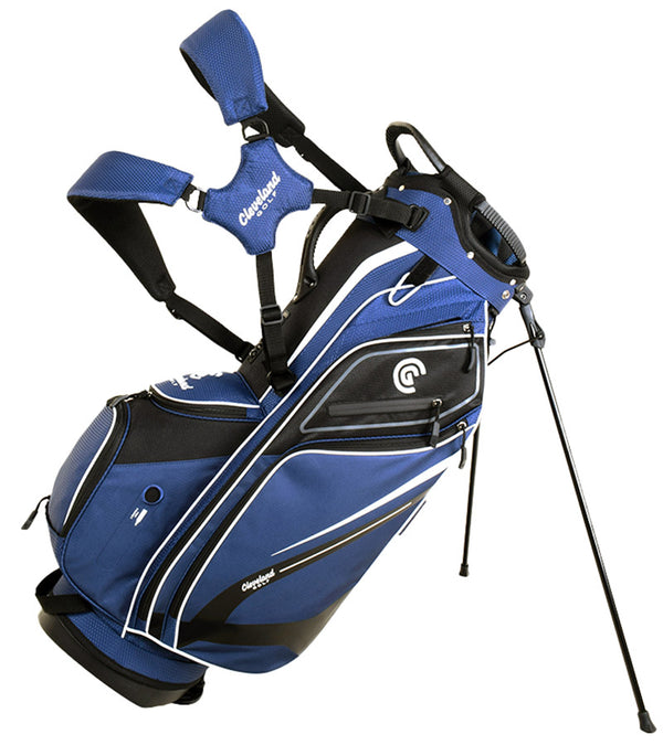 Cleveland Golf Lightweight Stand Bag with harness and extended legs in Navy/Black with white accents & black details.