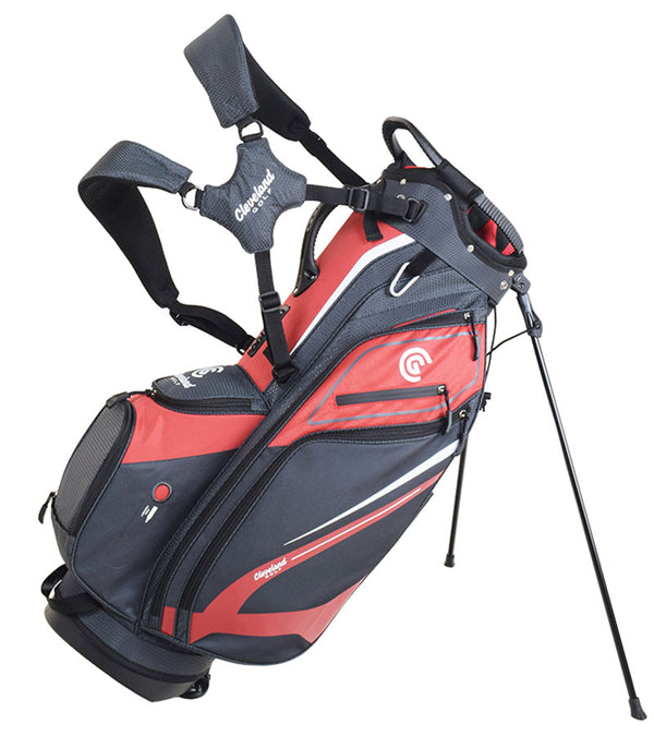 Cleveland Golf Lightweight Stand Bag with harness & legs extended in Red/Charcoal  with white accents & black details.