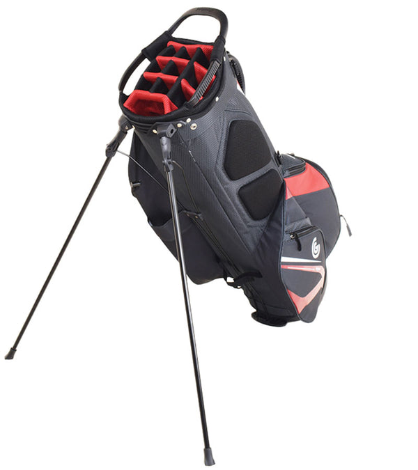 Cleveland Golf Lightweight Stand Bag with legs extended in Red/Charcoal  with white accents & black details.