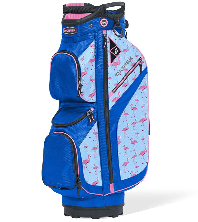 DG Lite ll Womens Golf Cart Bag
in Blue Flamingo -a bright pink flamingo pattern with zippers and trim outlined in coordinating pink