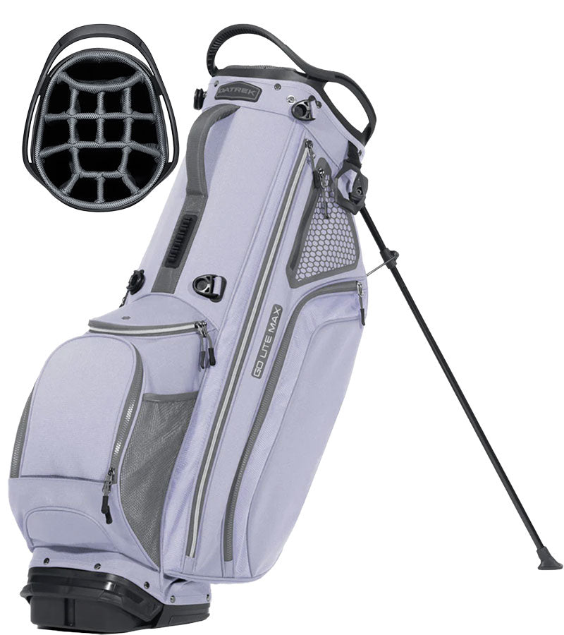 Datrek Go Lite Hybrid Golf Stand Bag legs extended with top divider view next to bag in Lavender/White/Gray