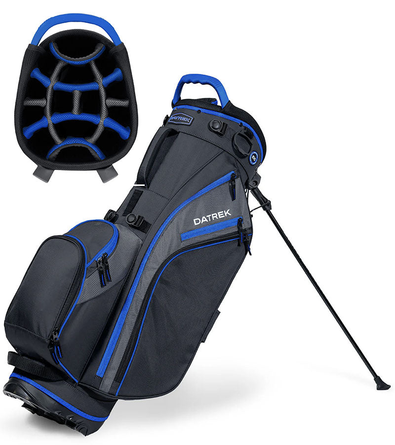 Datrek Go Lite Hybrid Golf Stand Bag legs extended with top divider view next to bag in Black/Royal/Charcoal.