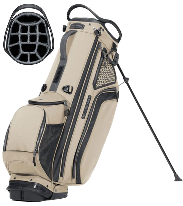 Datrek Go Lite Hybrid Golf Stand Bag legs extended with top divider view next to bag in Sand/Black