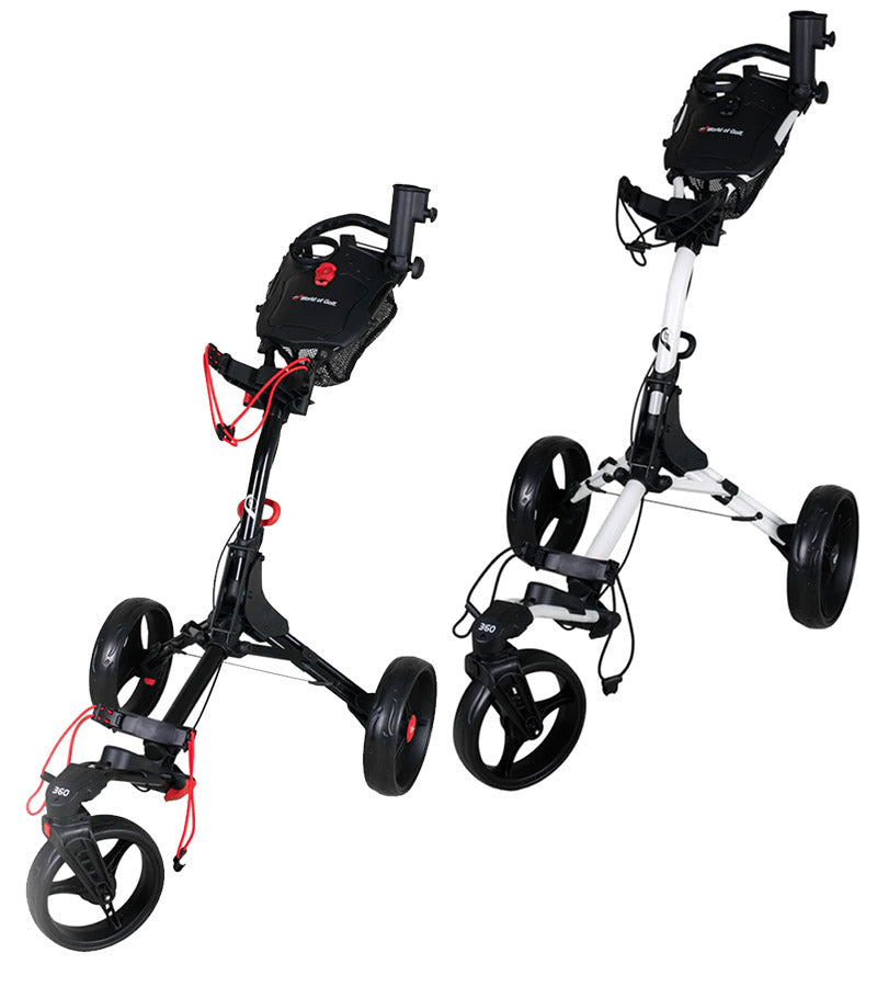 World of Golf EZ-FOLD 360 Golf Push Carts in black and white