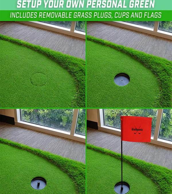 GoSports 12 Ft by 5 Ft Golf Putting Green  Indoor/Outdoor- 4 images showing removable grass plugs, cups and flags