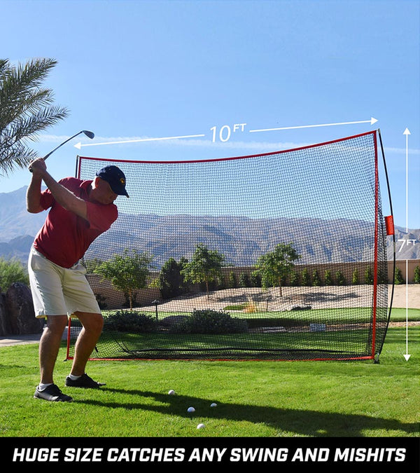 Gosports 10 Ft X 7 Ft Golf Practice Hitting Net- male golfer practicing in backyard with net's dimension shown with white lettering and arrows.