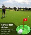 GoSports Pure Putt Challenge Mini Golf Putting Game - man playing on golf course with closeup of the cup and how the rim springs back into shape after sinking a putt