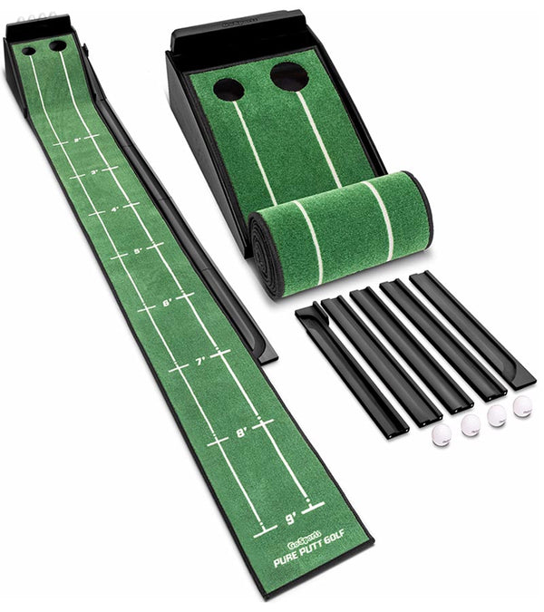 GoSports Pure Putt 9 Ft Indoor Putting Green Mat- two views showing what's included