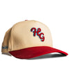 Hazy Golf HG 2 Tone Cardinal and Bone Snapback - 2quarter front view with Cardinal red visor and HG logo